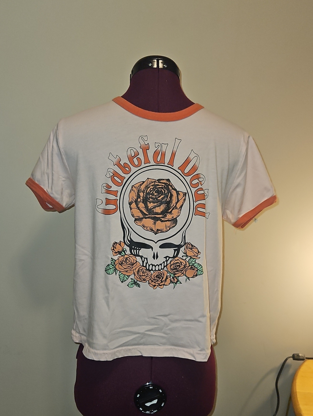 Grateful Dead White Tee with Orange Trim & Rose Skull Graphic